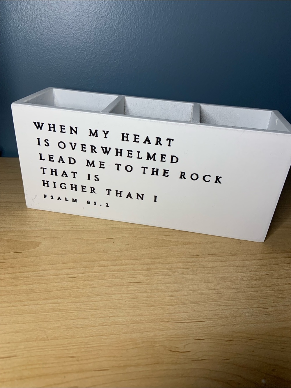 White Inspirational Wooden Organizer with Psalm Quote